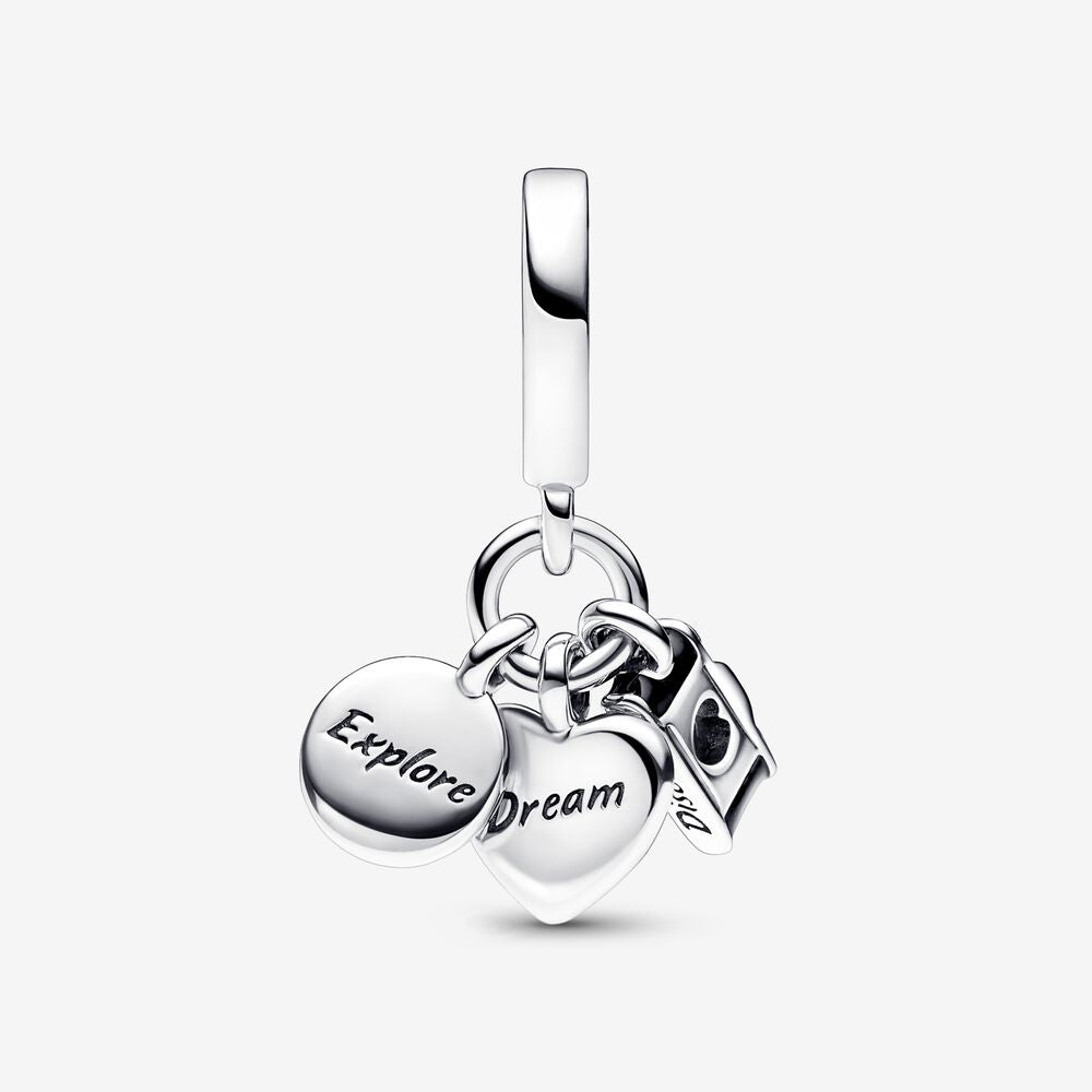 Charm Triplo Câmera Coração e Bússola