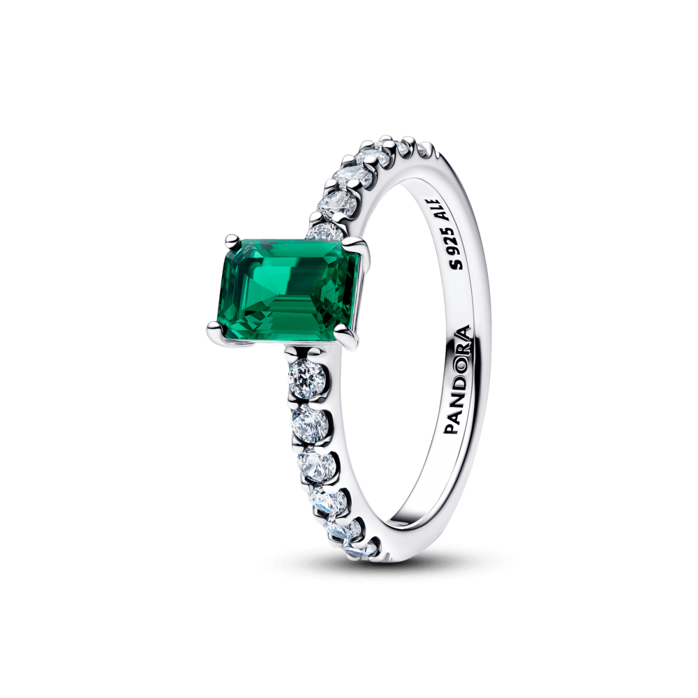 Anel Solitario Com Cristal Verde Retangular