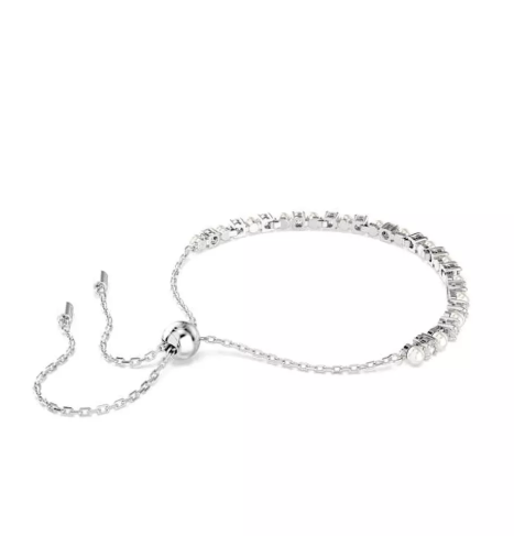 Pulseira Matrix, Pérola de Cristal, Lapidação Redonda, Branca, Banhada a Ródio