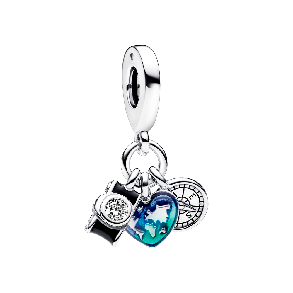 Charm Triplo Câmera, Coração e Bússola