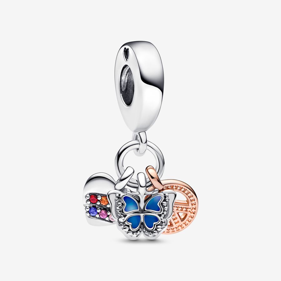 Charm Triplo Coração Arco-Iris, Borboleta e Paz [ENCOMENDA]
