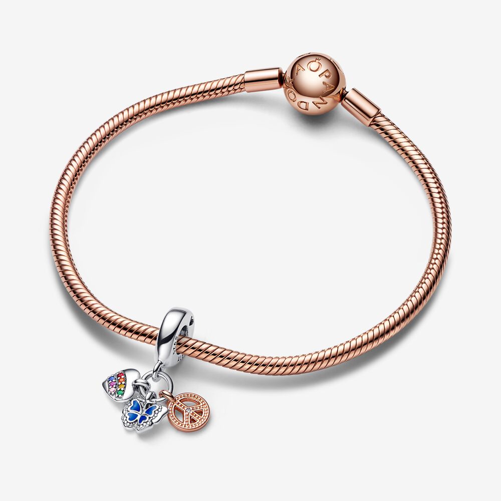 Charm Triplo Coração Arco-Iris, Borboleta e Paz [ENCOMENDA]