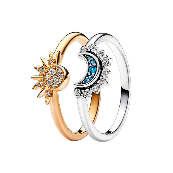 Conjunto de 2 anéis de sol e lua cintilantes celestiais