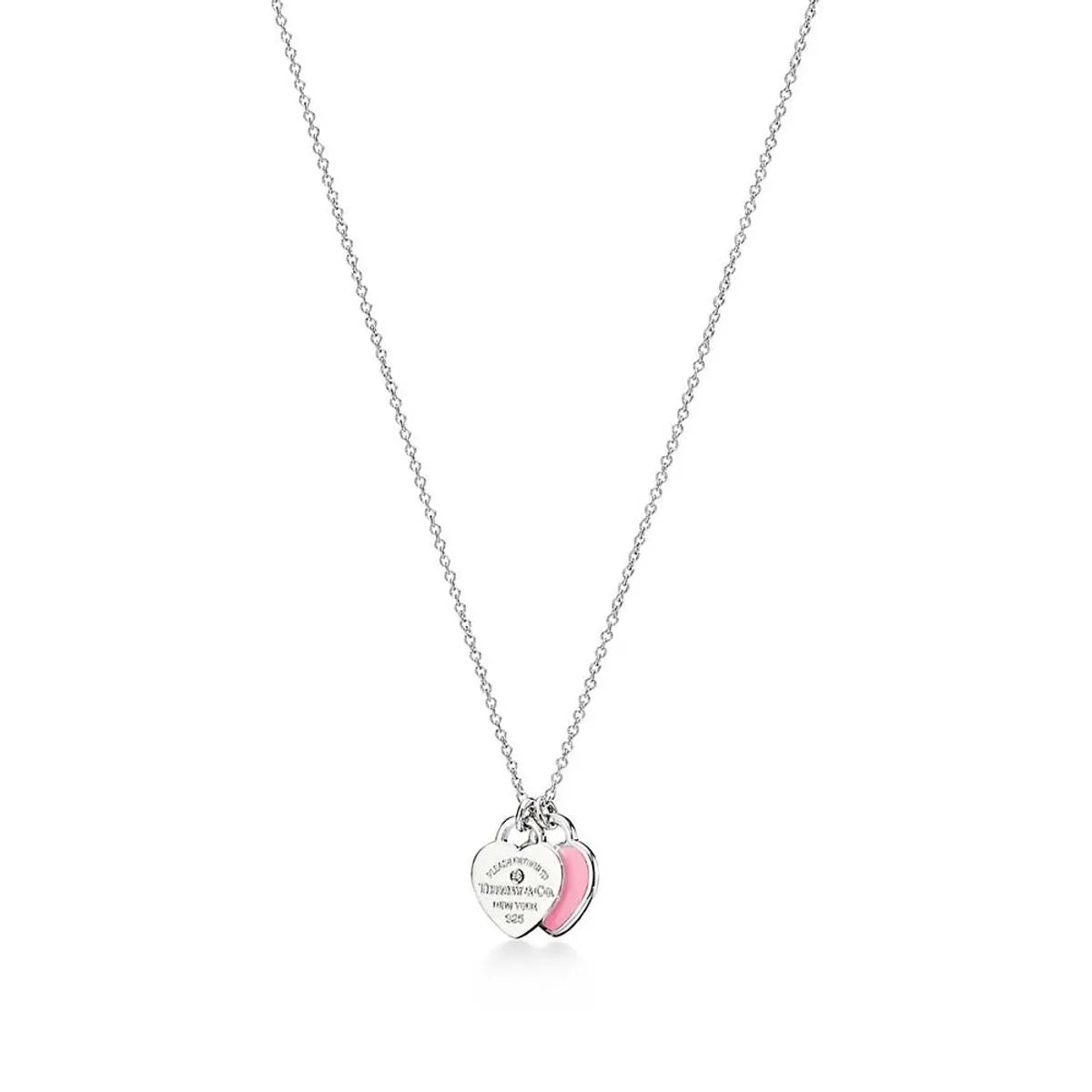 Colar de coração duplo rosa com diamante