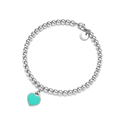 Pulseira - Contas com Pingente de Coração, Tiffany Blue (Diamante)