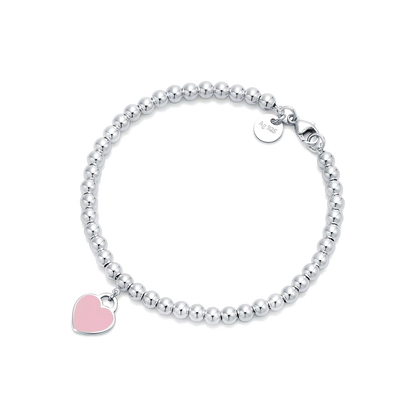 Pulseira - Contas com Pingente de Coração, Rosa