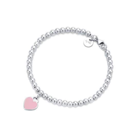 Pulseira - Contas com Pingente de Coração, Rosa