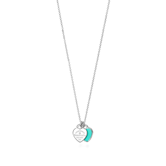 Colar - Coração Duplo com Diamante, Tiffany Blue