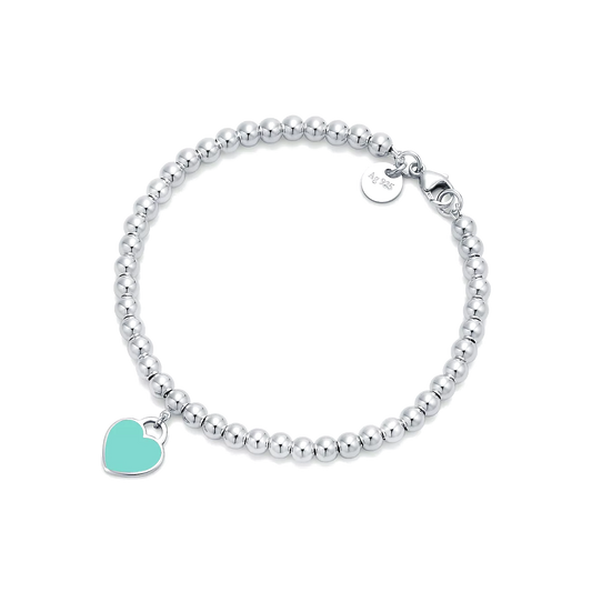 Pulseira - Contas com Pingente de Coração, Tiffany Blue